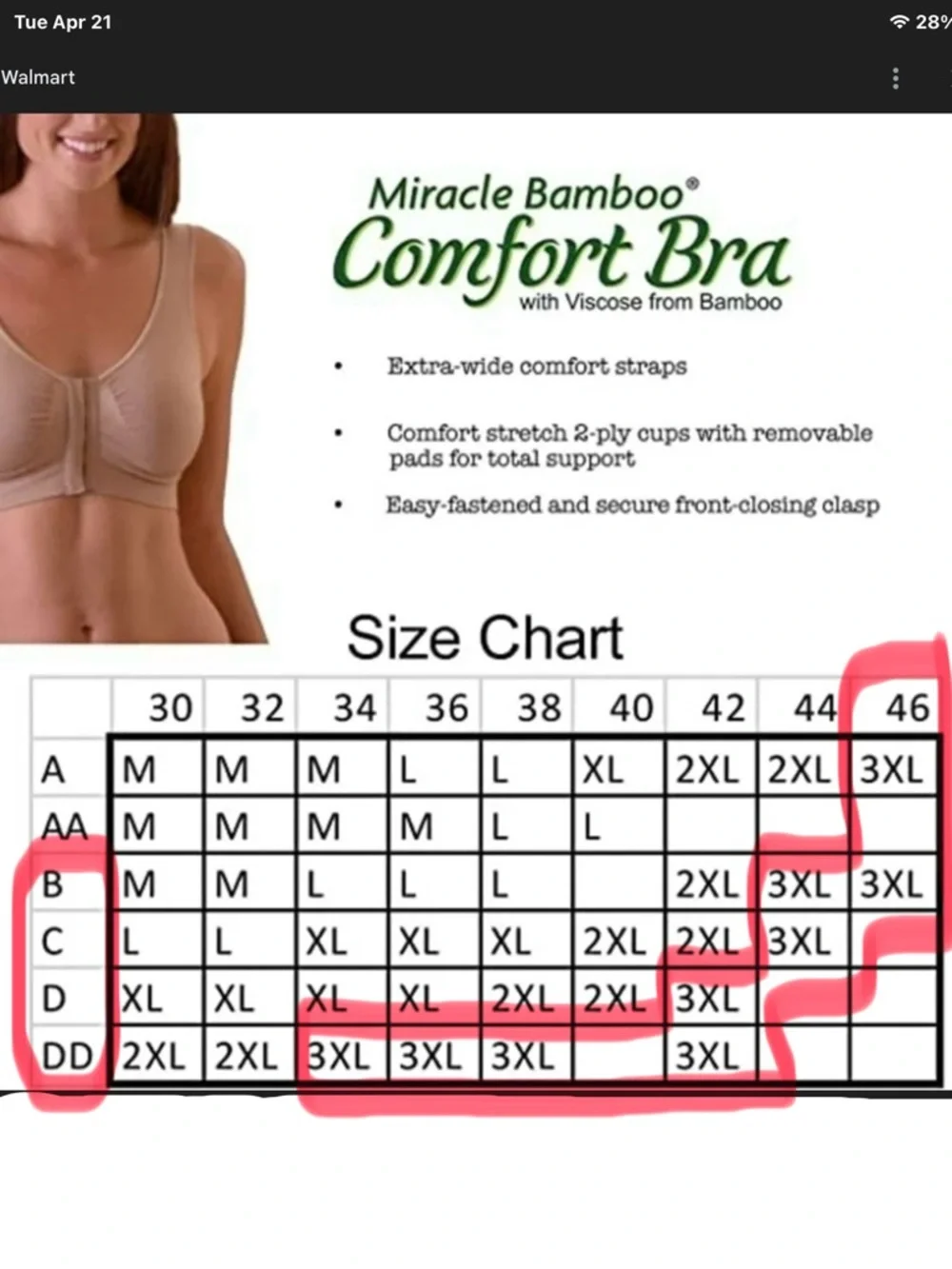 Miracle Bamboo Comfort Bra Nude Front Close Wireless Seamless 3XL Removable Pads